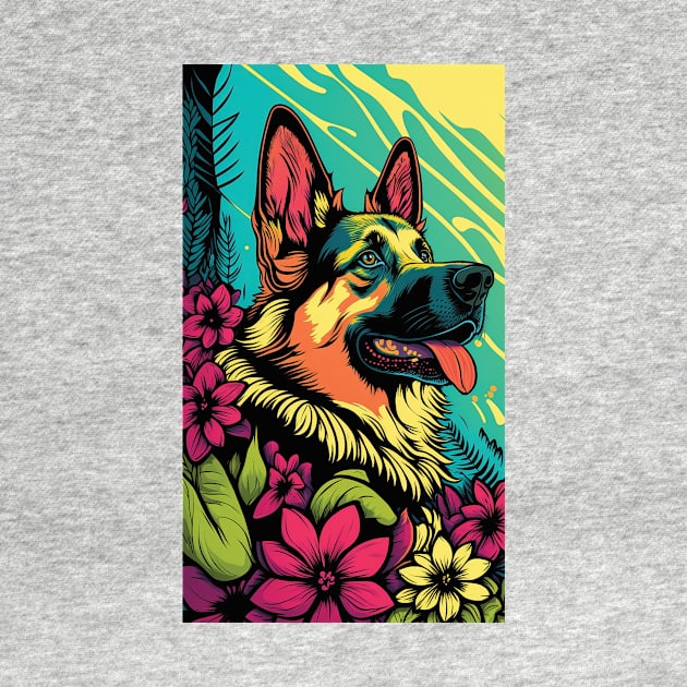 German Shepherd Dog Vibrant Tropical Flower Tall Retro Vintage Digital Pop Art Portrait 2 by ArtHouseFlunky